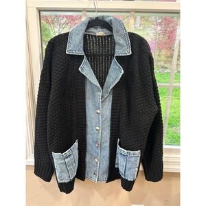 Hem & Thread Button Down Cardigan Denim & Black Knit Crochet Sleeves Collared Lg